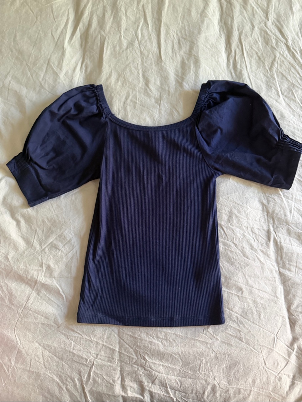 J. Crew Navy Ribbed Puff-Sleeve Square Neck Top - Picture 2 of 8